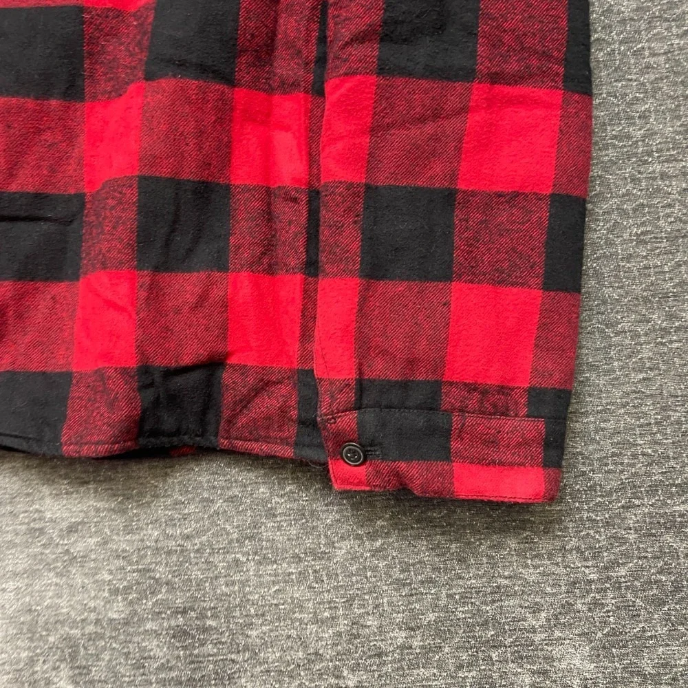 Levi's Shirt Jacket Mens S Red Black Flannel Plaid Sherpa Lined Shacket Hooded
